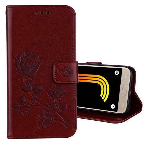 For Galaxy J3 (2017) / J330 (EU Version) Roses Pressed Flower Pattern Horizontal Flip Leather Case with Holder & Card Slots & Wallet(Brown)