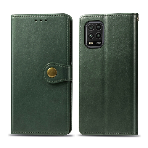 For Xiaomi Mi 10 Lite 5G Retro Solid Color Leather Buckle Phone Case with Lanyard & Photo Frame & Card Slot & Wallet & Stand Function(Green)