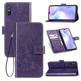 For Xiaomi Redmi 9A Four-leaf Clasp Embossed Buckle Horizontal Flip TPU + PU Leather Case with Lanyard & Card Slot & Wallet & Holder(Purple)