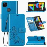 For Google Pixel 4A Four-leaf Clasp Embossed Buckle Mobile Phone Protection Leather Case with Lanyard & Card Slot & Wallet & Bracket Function(Blue)