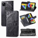 For Google Pixel 4A Butterfly Love Flower Embossed Horizontal Flip Leather Case with Bracket / Card Slot / Wallet / Lanyard(Black)