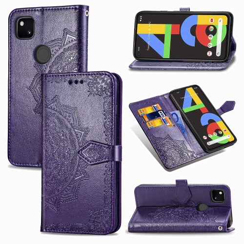 For Google Pixel 4a Mandala Flower Embossed Horizontal Flip Leather Case with Bracket / Card Slot / Wallet / Lanyard(Purple)