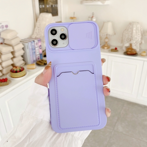 Sliding Camera Cover Design TPU Protective Case With Card Slot & Neck Lanyard For iPhone 11(Purple)