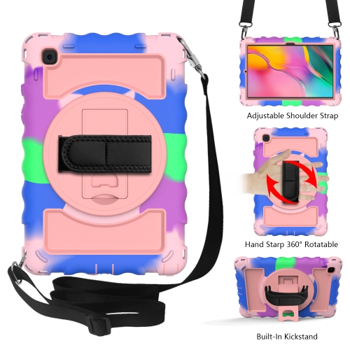 For Samsung Galaxy Tab A7 2020 (T500 / T505) 360 Degree Rotation PC + Silicone Shockproof Combination Case with Holder & Hand Grip Strap & Neck Strap(Colorful+Rose Gold)