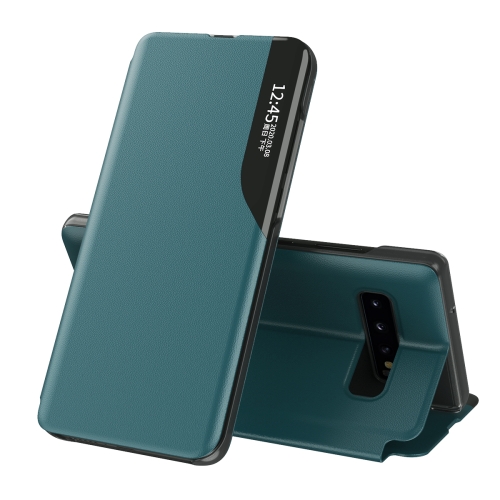 For Samsung Galaxy S10 Plus Side Display Magnetic Shockproof Horizontal Flip Leather Case with Holder(Green)