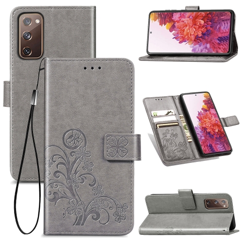 For Galaxy S20 FE / S20 Lite Four-leaf Clasp Embossed Buckle Mobile Phone Protection Leather Case with Lanyard & Card Slot & Wallet & Bracket Function(Grey)