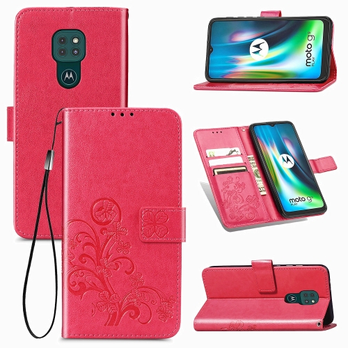 For Motorola Moto G9 Play Four-leaf Clasp Embossed Buckle Mobile Phone Protection Leather Case with Lanyard & Card Slot & Wallet & Bracket Function(Magenta)