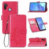 For Oppo A53 2020 Four-leaf Clasp Embossed Buckle Mobile Phone Protection Leather Case with Lanyard & Card Slot & Wallet & Bracket Function(Magenta)