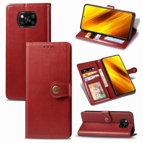 For  Xiaomi Poco X3 NFC Retro Solid Color Leather Buckle Phone Case with Lanyard & Photo Frame & Card Slot & Wallet & Stand Function(Red)