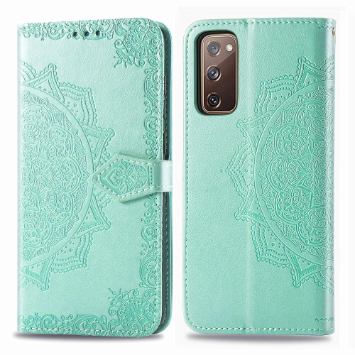 For Galaxy S20 FE / S20 Lite Mandala Flower Embossed Horizontal Flip Leather Case with Bracket / Card Slot / Wallet / Lanyard(Green)