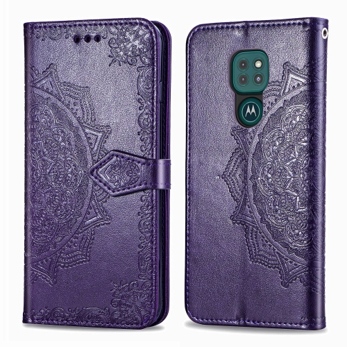 For Moto G9 Play Mandala Flower Embossed Horizontal Flip Leather Case with Bracket / Card Slot / Wallet / Lanyard(Purple)