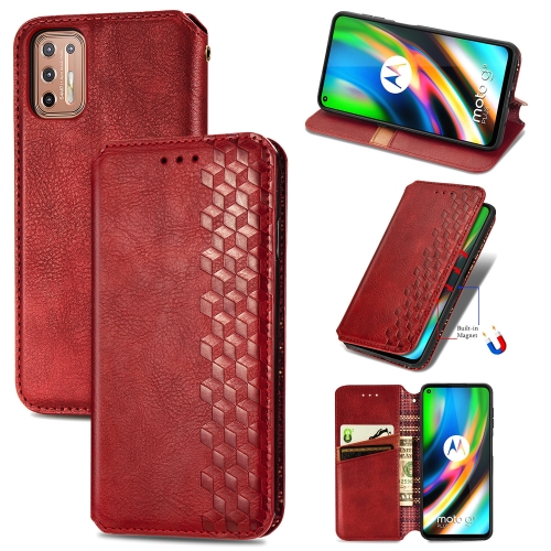 For Motorola Moto G9 Plus Cubic Grid Pressed Horizontal Flip Magnetic PU Leather Case with Holder & Card Slots & Wallet(Red)