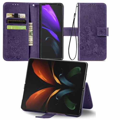 For Samsung Galaxy Z Fold2 Four-leaf Clasp Embossed Buckle Mobile Phone Protection Leather Case with Lanyard & Card Slot & Wallet & Bracket Function(Purple)