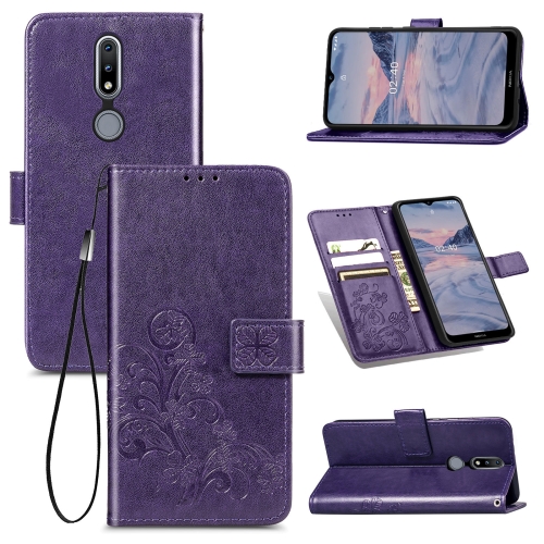 For Nokia 2.4 Four-leaf Clasp Embossed Buckle Mobile Phone Protection Leather Case with Lanyard & Card Slot & Wallet & Bracket Function(Purple)