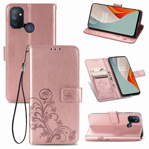 For One Plus Nord N100 Four-leaf Clasp Embossed Buckle Mobile Phone Protection Leather Case with Lanyard & Card Slot & Wallet & Bracket Function(Rose Gold)