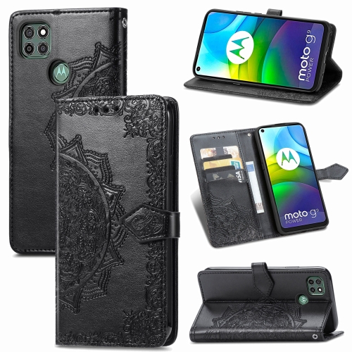For Motorola G9 Power Mandala Flower Embossed Horizontal Flip Leather Case with Holder & Three Card Slots & Wallet & Lanyard(Black)
