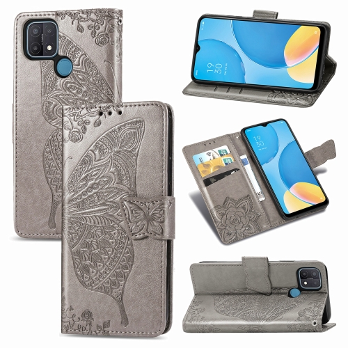 For OPPO A15 Butterfly Love Flower Embossed Horizontal Flip Leather Case with Bracket / Card Slot / Wallet / Lanyard(Gray)