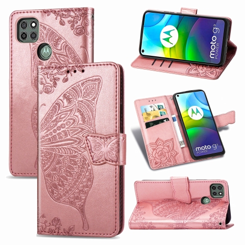For Motorola Moto G9 Power Butterfly Love Flower Embossed Horizontal Flip Leather Case with Bracket / Card Slot / Wallet / Lanyard(Rose Gold)