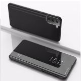 For Samsung Galaxy S21 5G Plated Mirror Horizontal Flip Leather Case with Holder(Black)