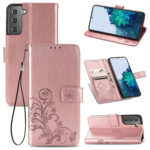Four-leaf Clasp Embossed Buckle Mobile Phone Protection Leather Case with Lanyard & Card Slot & Wallet & Bracket Function For Samsung Galaxy S21 5G(Rose Gold)
