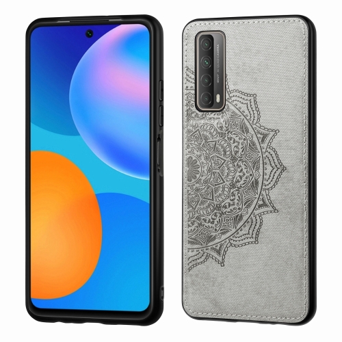 For Huawei Y7A / P Smart 2021 Mandala Embossed Cloth Cover PC + TPU Mobile Phone Case with Magnetic Function and Hand Strap(Gray)