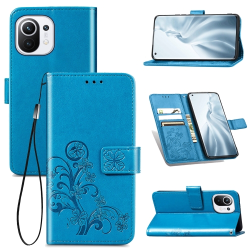 For Xiaomi Mi 11 Four-leaf Clasp Embossed Buckle Mobile Phone Protection Leather Case with Lanyard & Card Slot & Wallet & Bracket Function(Blue)