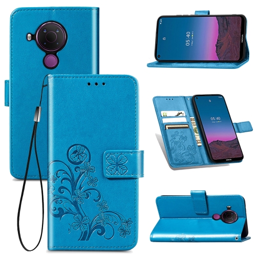 For Nokia 5.4 Four-leaf Clasp Embossed Buckle Mobile Phone Protection Leather Case with Lanyard & Card Slot & Wallet & Bracket Function(Blue)