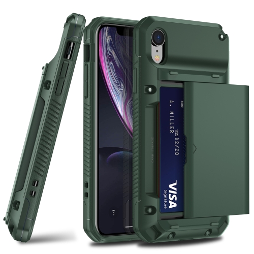 For iPhone XR PC+TPU Shockproof Heavy Duty Armor Protective Case with Slide Multi-Card Slot(Army Green)