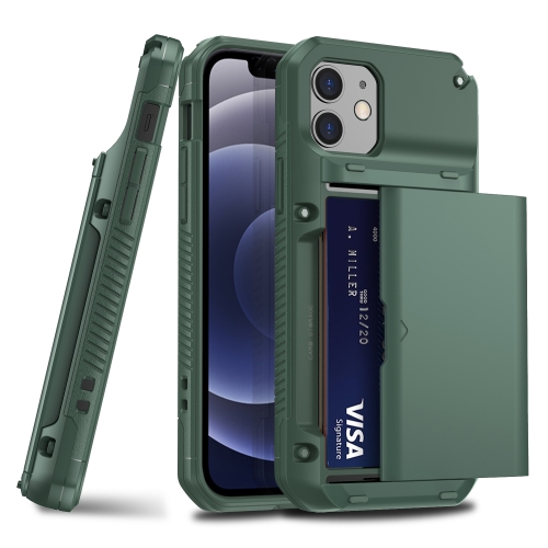 For iPhone 12 / 12 Pro Shockproof Heavy Duty Armor Protective Case with Slide Multi-Card Slot(Army Green)