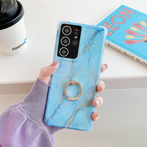 Four Corners Anti-Shattering Gold Marble IMD Phone Case with Metal Rhinestone Ring Holder For Samsung Galaxy S20 FE / S20 Lite(Sky Blue LQ8)