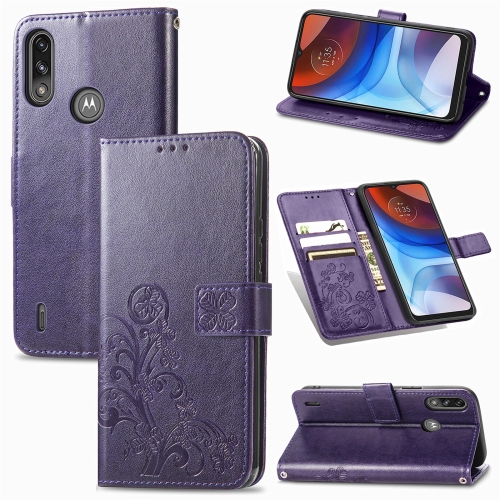 For Motorola E7 Power Four-leaf Clasp Embossed Buckle Mobile Phone Protection Leather Case with Lanyard & Card Slot & Wallet & Bracket Function(Purple)