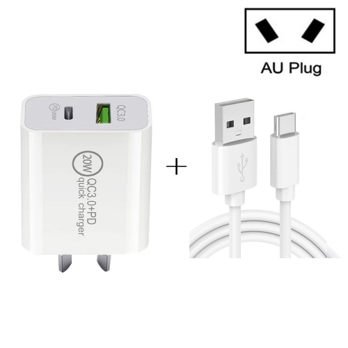 20W PD Type-C + QC 3.0 USB Interface Fast Charging Travel Charger with USB to Type-C Fast Charge Data Cable AU Plug