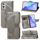 For OnePlus 9 Butterfly Love Flowers Embossed Horizontal Flip Leather Case with Holder & Card Slots & Wallet & Lanyard(Gray)