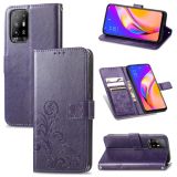 For OPPO A94 5G / F19 Pro+ / Reno5 Z Four-leaf Clasp Embossed Buckle Mobile Phone Protection Leather Case with Lanyard & Card Slot & Wallet & Bracket Function(Purple)