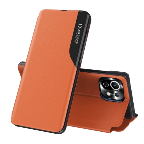 For Xiaomi Mi 11 Lite Side Display Magnetic Shockproof Horizontal Flip Leather Case with Holder(Orange)