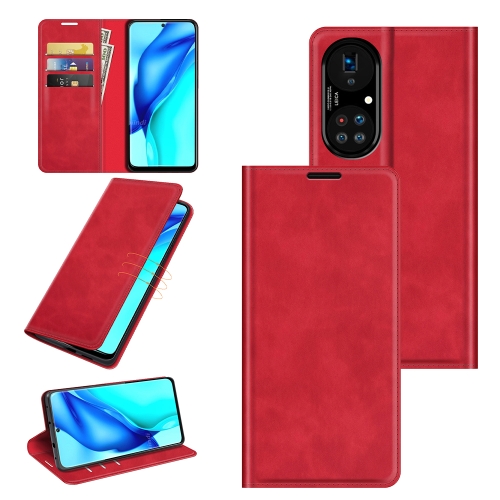 For Huawei P50 Pro Retro-skin Business Magnetic Suction Leather Case with Holder & Card Slots & Wallet(Red)