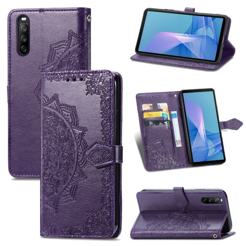 For Sony Xperia 10 III Mandala Embossing Pattern Horizontal Flip Leather Case with Holder & Card Slots & Wallet & Lanyard(Purple)