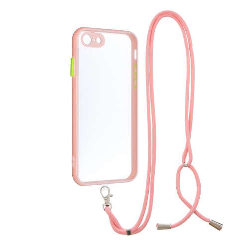 Transparent PC+TPU Phone Case with Contrast Color Button & Neck Lanyard For iPhone 7/8/SE 2020(Pink)