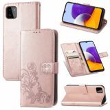 For Samsung Galaxy A22 5G Four-leaf Clasp Embossed Buckle Mobile Phone Protection Leather Case with Lanyard & Card Slot & Wallet & Bracket Function(Rose Gold)