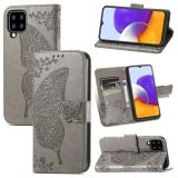 For Samsung Galaxy A22 4G Butterfly Love Flowers Embossed Horizontal Flip Leather Case with Holder & Card Slots & Wallet & Lanyard(Grey)