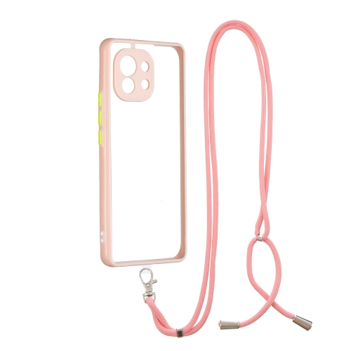 For Xiaomi Mi 11 Transparent PC+TPU Phone Case with Contrast Color Button & Neck Lanyard(Pink)