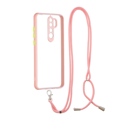 For Xiaomi Redmi Note 8 Pro Transparent PC+TPU Phone Case with Contrast Color Button & Neck Lanyard(Pink)