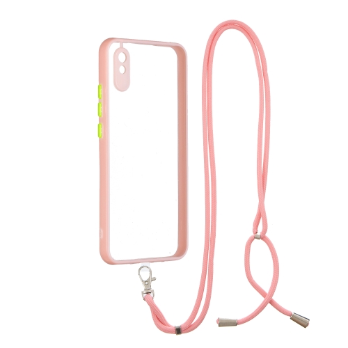 For Xiaomi Redmi 9A/9i Transparent PC+TPU Phone Case with Contrast Color Button & Neck Lanyard(Pink)