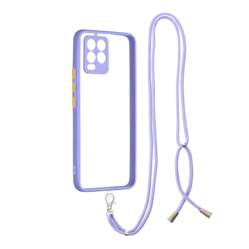 For OPPO Realme 8 / 8 Pro Transparent PC+TPU Phone Case with Contrast Color Button & Neck Lanyard(Purple)