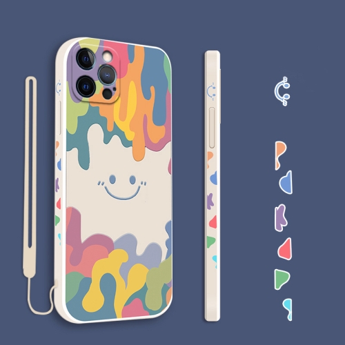 Cube Painted Smiley  Straight Side Liquid Silicone Shockproof Case For iPhone 12 Pro Max(White)