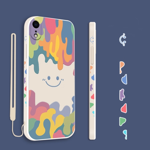 Cube Painted Smiley  Straight Side Liquid Silicone Shockproof Case For iPhone XR(White)