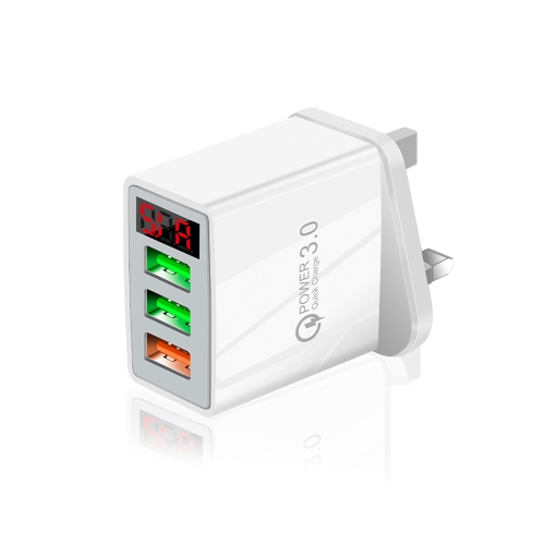 QC-07 5.1A QC3.0 3-USB Ports Fast Charger with LED Digital Display for Mobile Phones and Tablets