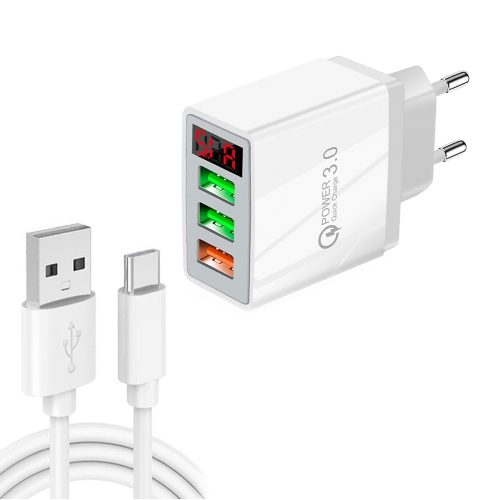 QC-07B QC3.0 3USB LED Digital Display Fast Charger + USB to Type-C Data Cable