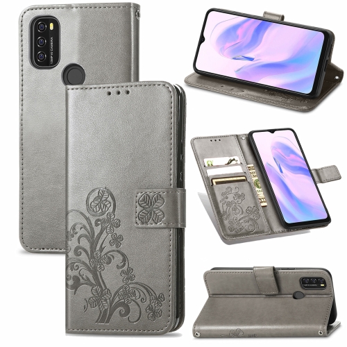 For Blackview A70 Four-leaf Clasp Embossed Buckle Mobile Phone Protection Leather Case with Lanyard & Card Slot & Wallet & Bracket Function(Gray)