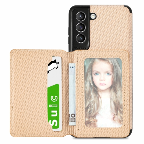 For Samsung Galaxy S21 5G Carbon Fiber Magnetic Card Bag TPU+PU Shockproof Back Cover Case with Holder & Card Slot & Photo Frame(Khaki)